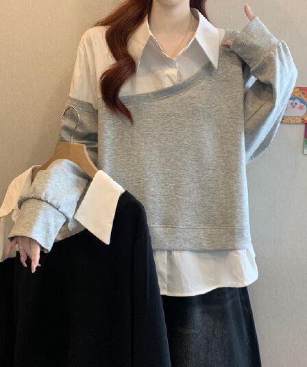 페이크 레이어드 셔츠 패치워크 긴팔 후드티 여자 봄 2026 빅 사이즈 지방 mm 슬림해 보이는 POLO 칼라 만나는 맨위