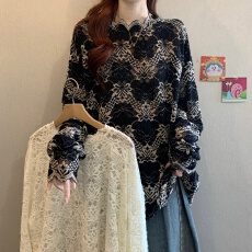 批发蕾丝钩花镂空长袖打底衫女春新款大码胖mm显瘦中长款遮屁股上衣