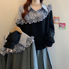 批发假两件条纹衬衫拼接卫衣女春大码胖mm设计感立体花朵Polo领上衣