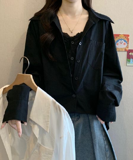 검정색 페이크 레이어드 레이스 측면 V넥 여성 셔츠 2026 새로운 이른 봄 빅 사이즈 지방 mm 슬림해 보이는 불규칙 맨위