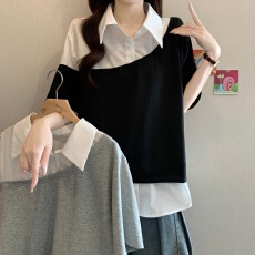 批发<b class='q'>假两件</b><b class='q'>衬衫</b>拼接短袖卫衣女款夏季大码胖mm显瘦polo领T恤上衣