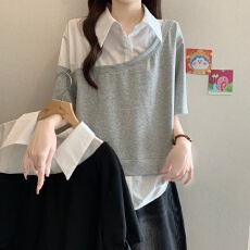 批发<b class='q'>假两件</b><b class='q'>衬衫</b>拼接短袖卫衣女款夏季大码胖mm显瘦polo领T恤上衣