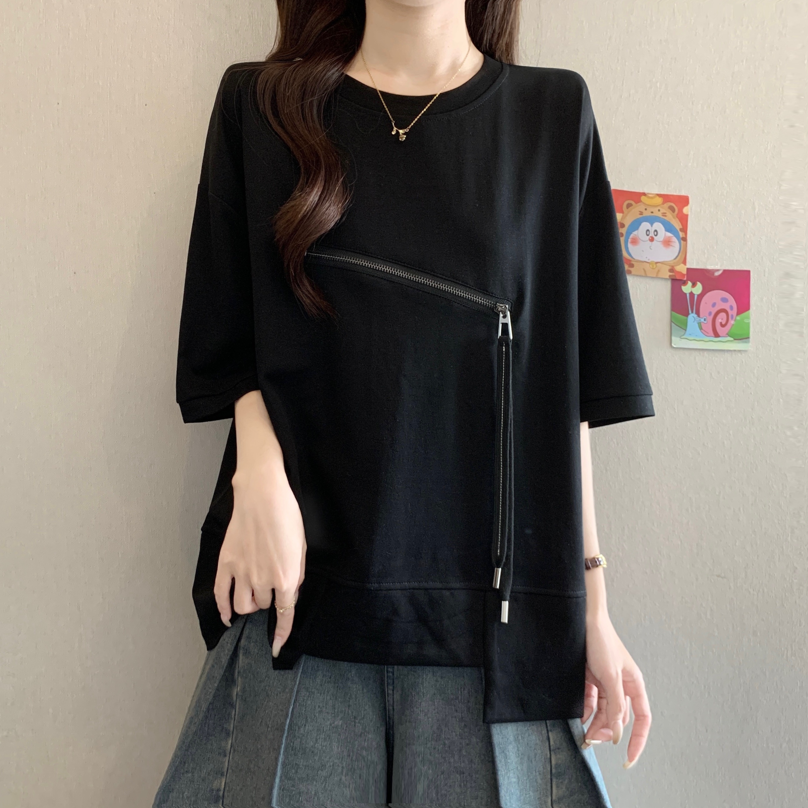 불규칙 반팔 티셔츠 여성 여름 반소매 2026 새로운 외국 가스 유럽 상품 빅 사이즈 지방 mm 루즈핏 표지 배 맨위