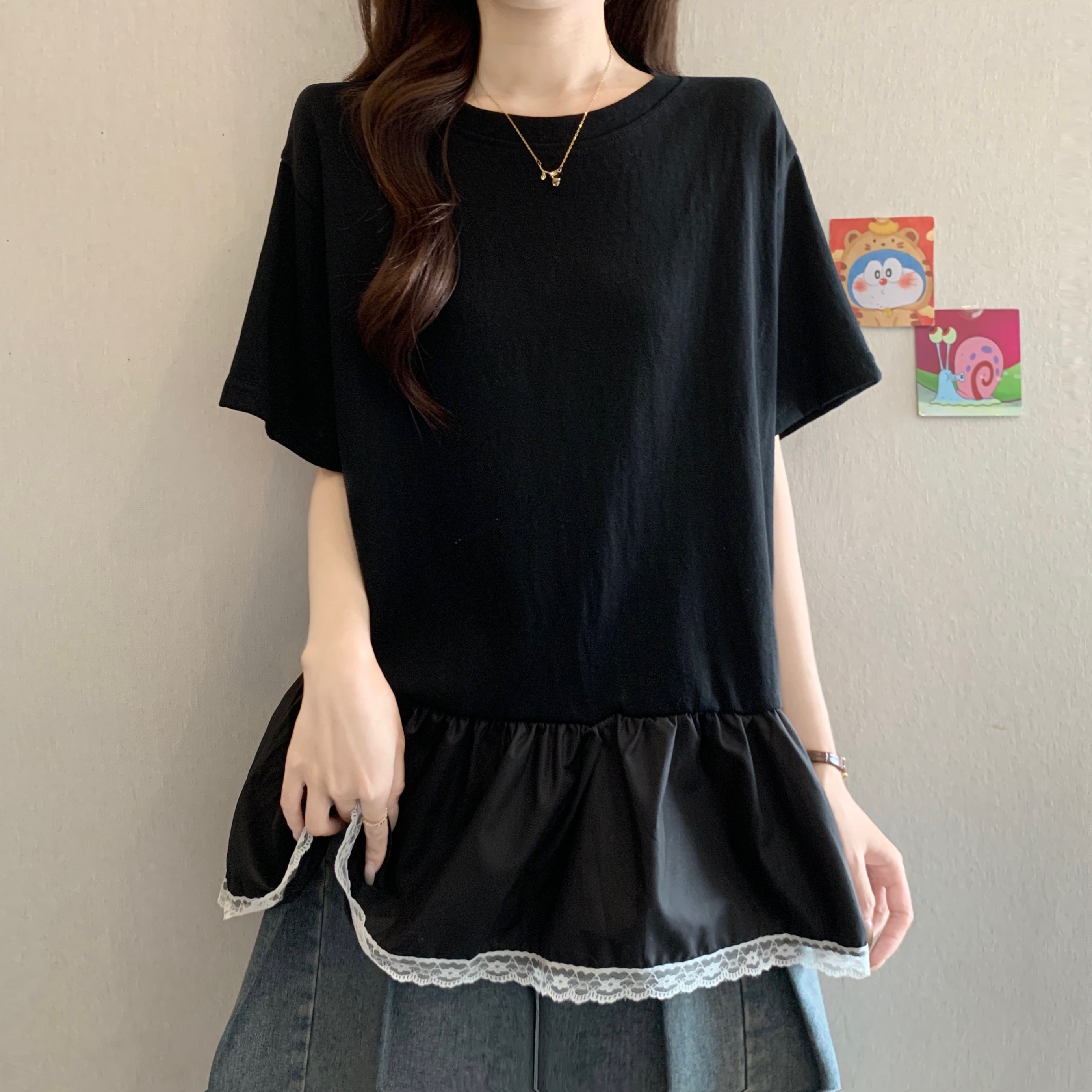 빅 사이즈 배색 패치워크 페이크 레이어드 반팔 티셔츠 여성 여름 통통한 여동생 루즈핏 표지 배 슬림해 보이는 다용도 맨위