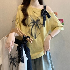 批发<b class='q'>大码</b>遮肚子美式印花短袖T恤<b class='q'>打底衫</b>女夏季胖妹妹宽松显瘦露肩上衣