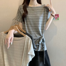 批发韩系条纹露肩短袖T恤女夏季大码胖mm显瘦遮肚不规则系带收腰上衣