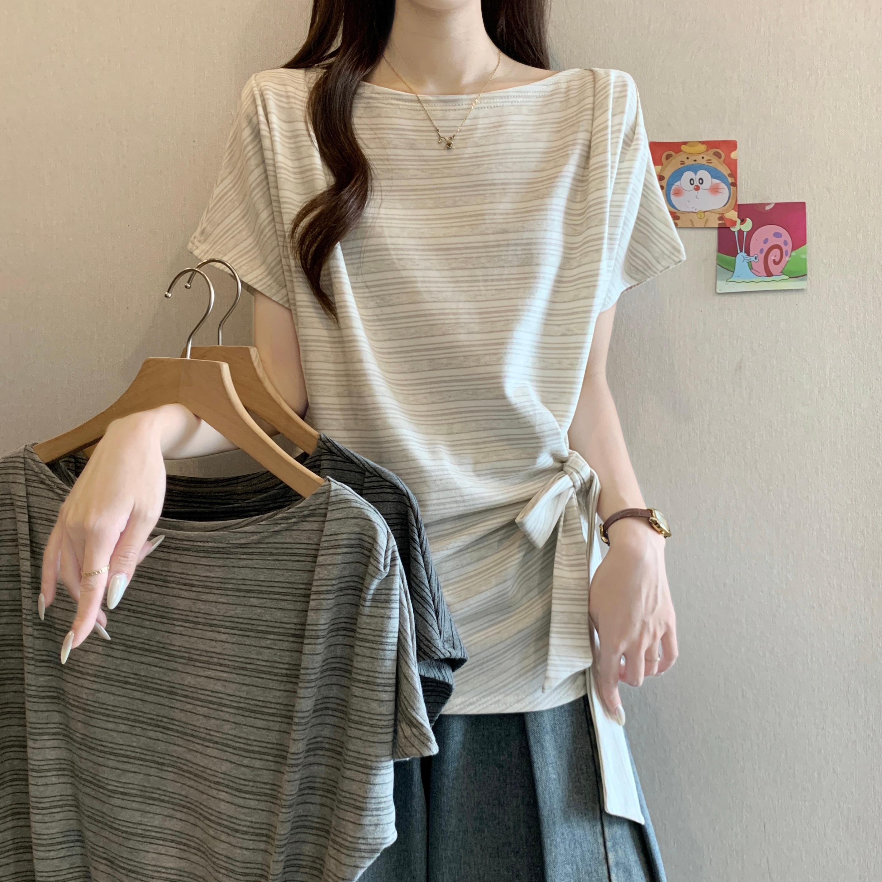 한 부서 스트라이프 오프숄더 반팔 티셔츠 여성 여름 빅 사이즈 지방 mm 슬림해 보이는 표지 배 불규칙 레이스업 허리 수축 맨위