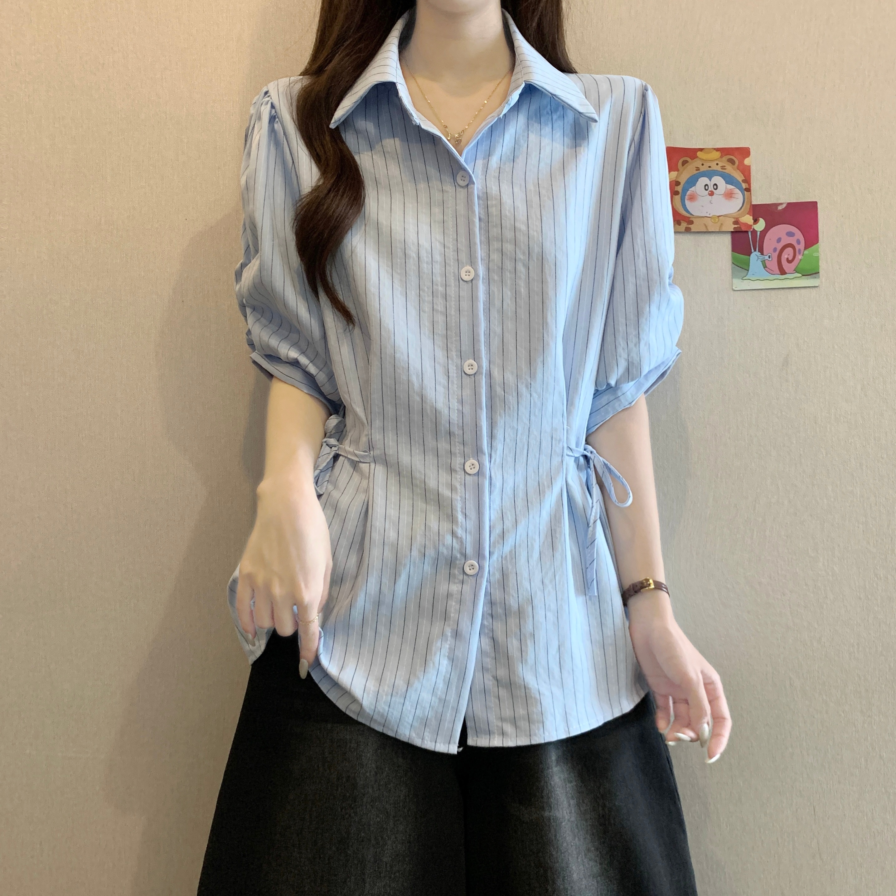 프랑스식 POLO 칼라 파란색 스트라이프 반팔 여성 셔츠 여름 새로운 빅 사이즈 지방 mm 슬림해 보이는 고유 한 Chic 맨위