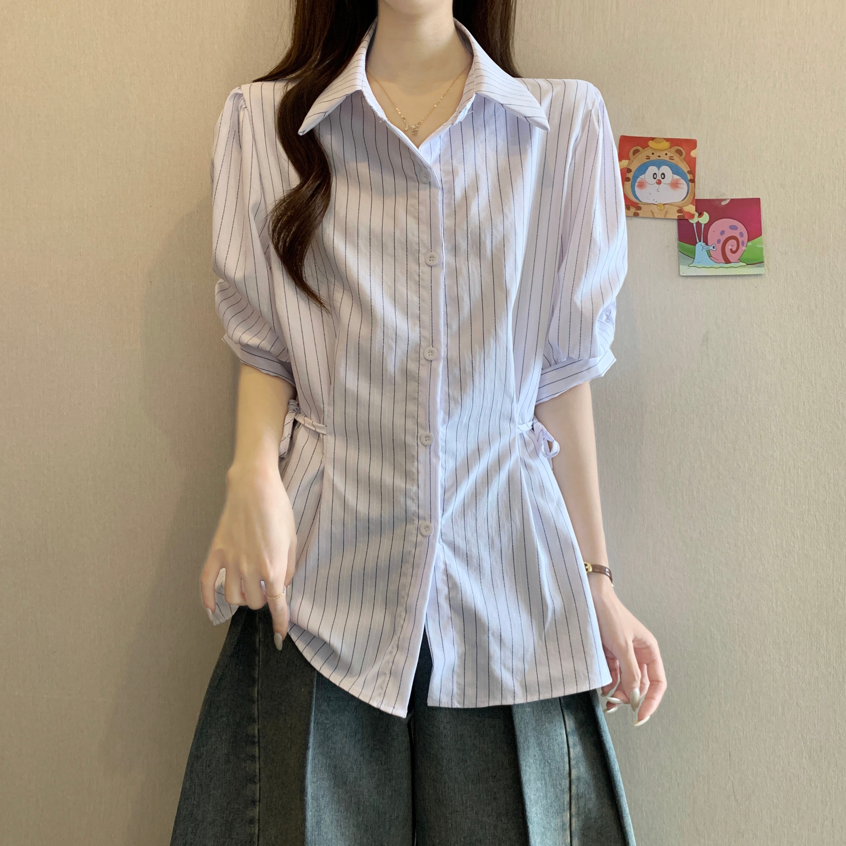 프랑스식 POLO 칼라 파란색 스트라이프 반팔 여성 셔츠 여름 새로운 빅 사이즈 지방 mm 슬림해 보이는 고유 한 Chic 맨위