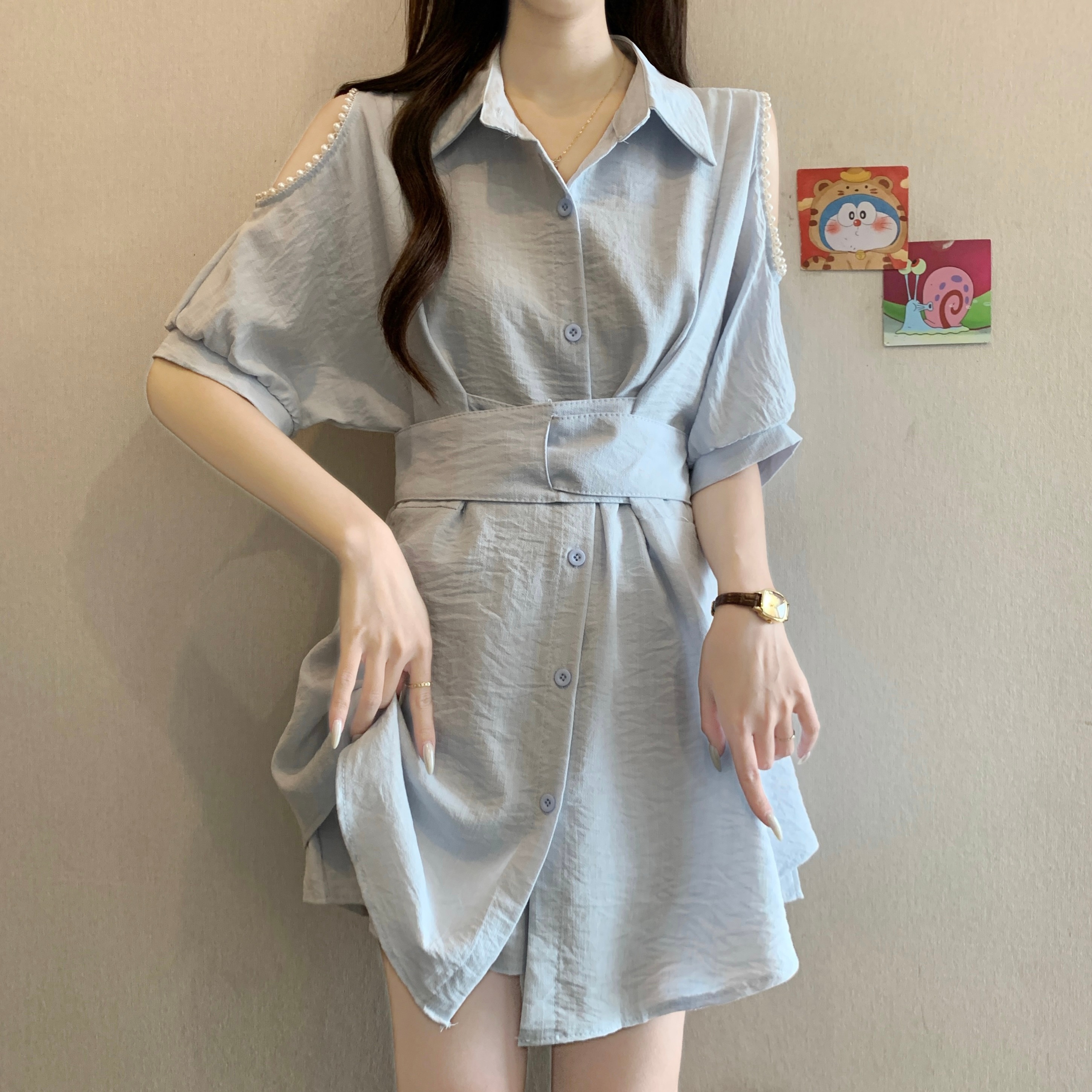 빅 사이즈 부드러운 바람 쉬폰 반팔 셔츠 반바지 두 조각 여성 세트 여름 지방 mm 표지 고기 슬림해 보이는 품격 세트 셔츠