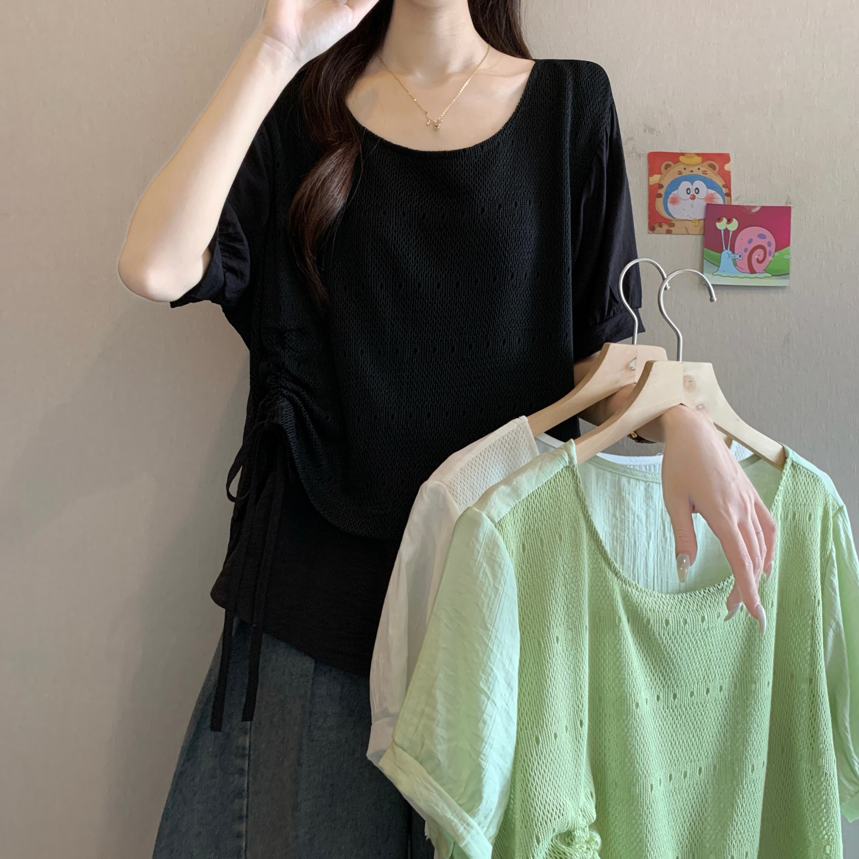 페이크 레이어드 패치워크 반팔 만나는 여성 셔츠 여름 빅 사이즈 지방 mm 슬림해 보이는 디자인 센스 펌프 로프 표지 배 맨위