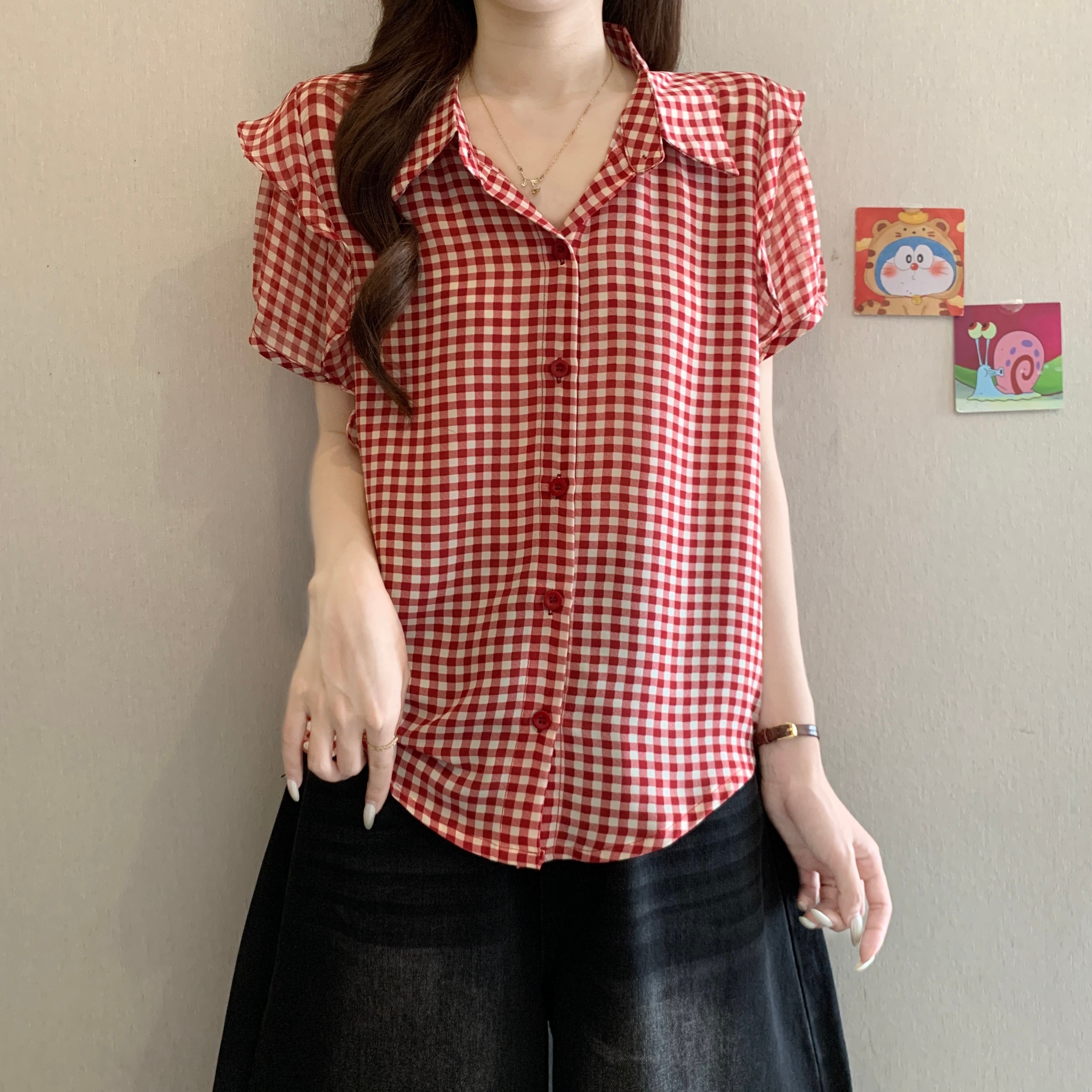빅 사이즈 여성 의류 프릴 체크무늬 반팔 여성 셔츠 여름 새로운 외국 가스 루즈핏 통통한 여동생 연령 감소 품격 맨위