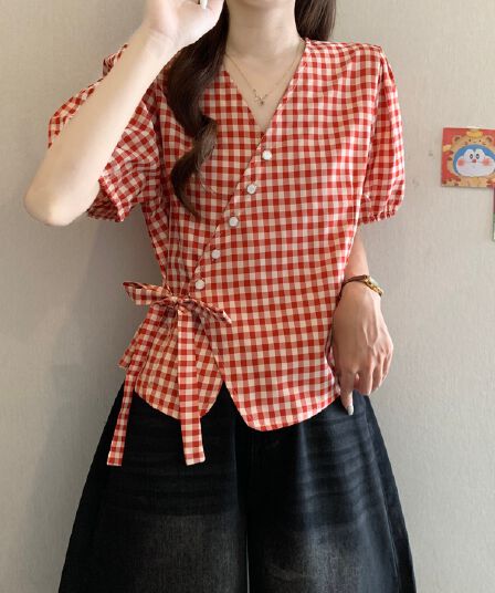 빅 사이즈 V넥 빨간색 체크무늬 레이스업 반팔 여성 셔츠 여름 지방 mm 슬림해 보이는 연령 감소 슈퍼 잘 생긴 작은 셔츠 맨위