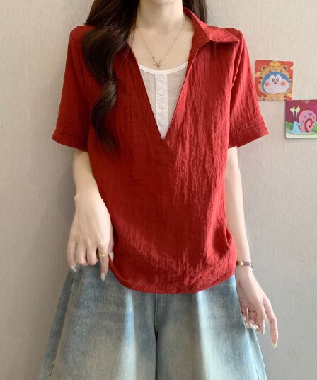 페이크 레이어드 V넥 반팔 만나는 여성 셔츠 여름 새로운 빅 사이즈 지방 mm 슬림해 보이는 루즈핏 표지 배 캐주얼 맨위