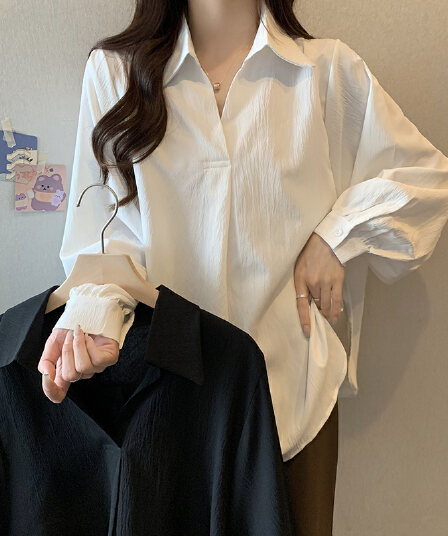 빅 사이즈 여성 의류 표지 배 맨위 여성 가을 의상 루즈핏 연령 감소 슬림해 보이는 통통한 여동생 mm 외국 가스 연령 감소 V 넥 셔츠 트렌디