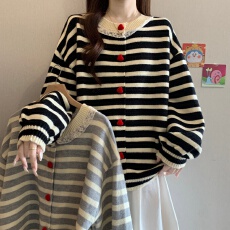 批发大码女装蕾丝拼接条纹开衫毛衣外套<b class='q'>秋</b>冬韩系宽松显瘦遮肉针织上衣