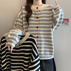 批发大码女装蕾丝拼接条纹开衫毛衣外套<b class='q'>秋</b>冬韩系宽松显瘦遮肉针织上衣