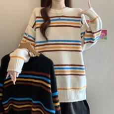 批发大码女装彩色撞色条纹毛衣女慵懒风软糯宽松拼色针织衫甜酷上衣