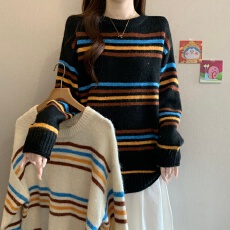 批发大码女装彩色撞色条纹毛衣女慵懒风软糯宽松拼色针织衫甜酷上衣