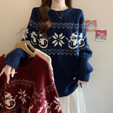 批发圣诞费尔岛麻花针织衫正肩毛衣女2026<b class='q'>秋</b>冬新款大码胖mm中长款上衣