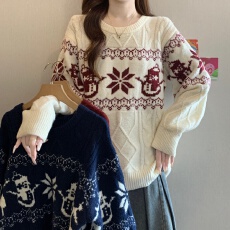 批发圣诞费尔岛麻花针织衫正肩毛衣女2026<b class='q'>秋</b>冬新款大码胖mm中长款上衣