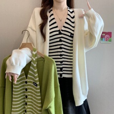 批发加厚宽松慵懒绿色毛衣开衫外套女<b class='q'>秋</b>冬大码胖MM时尚针织背心两件套