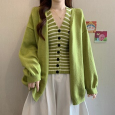 批发加厚宽松慵懒绿色毛衣开衫外套女<b class='q'>秋</b>冬大码胖MM时尚针织背心两件套