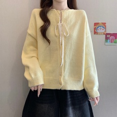 批发大码女装奶黄色V领针织开衫女<b class='q'>秋</b>季新款系带薄款毛衣外套短款上衣