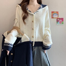 批发洋气减龄海军领毛衣<b class='q'>外套</b>秋冬<b class='q'>大码</b>女装胖mm减龄短款针织衫上衣