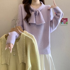 法式蝴蝶结钉珠针织衫毛衣女秋冬大码胖mm显瘦遮肚子减龄上衣