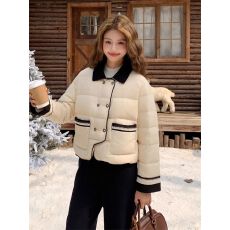 批发小个子秋冬上衣女保暖杏色<b class='q'>短</b>外套羽绒服杏色小香风撞色面包服