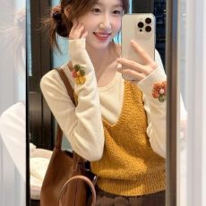 批发6羊毛+安迪绒<b class='q'>秋装</b>新款设计感小众漂亮减龄黄色针织背心内搭两件套