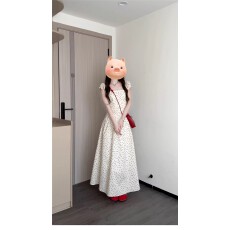 批发女学生学院风韩版宽松中长款A字裙别致设计感通勤杏色波点连衣裙