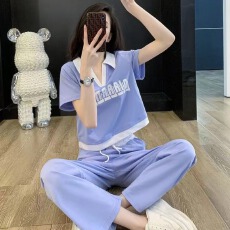 批发时尚运动服套装女夏休闲洋气减龄V领短袖T恤阔腿裤两件套#826