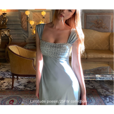 批发Lattitude/杨小鹭 Siena缎面轻奢感宴会<b class='q'>礼服</b>裙重工珠片吊连衣裙