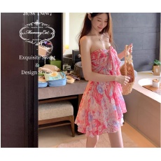 批发Mummy Cat下蛋喵【狮城热恋】26新品人丝印花海岛度假抹胸连衣裙