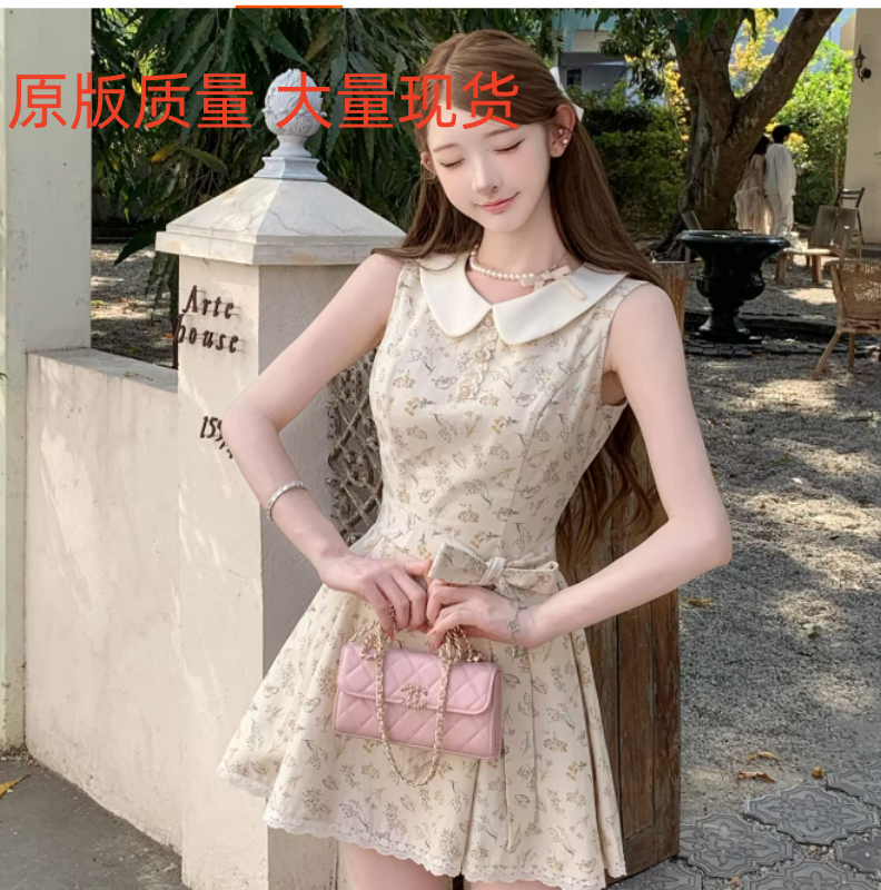 q 여자 집 우울한 소녀 천 골드 센스 일상 면 100% 꽃무늬 드레스 프랑스식 아름다운 민소매 치마 아이들 여름