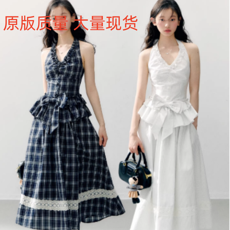 annatto 한여름 밤 오리지널 나비 매듭 행침 목 프릴 맨위 레이스 치마 펀 센스 반 스커트 세트