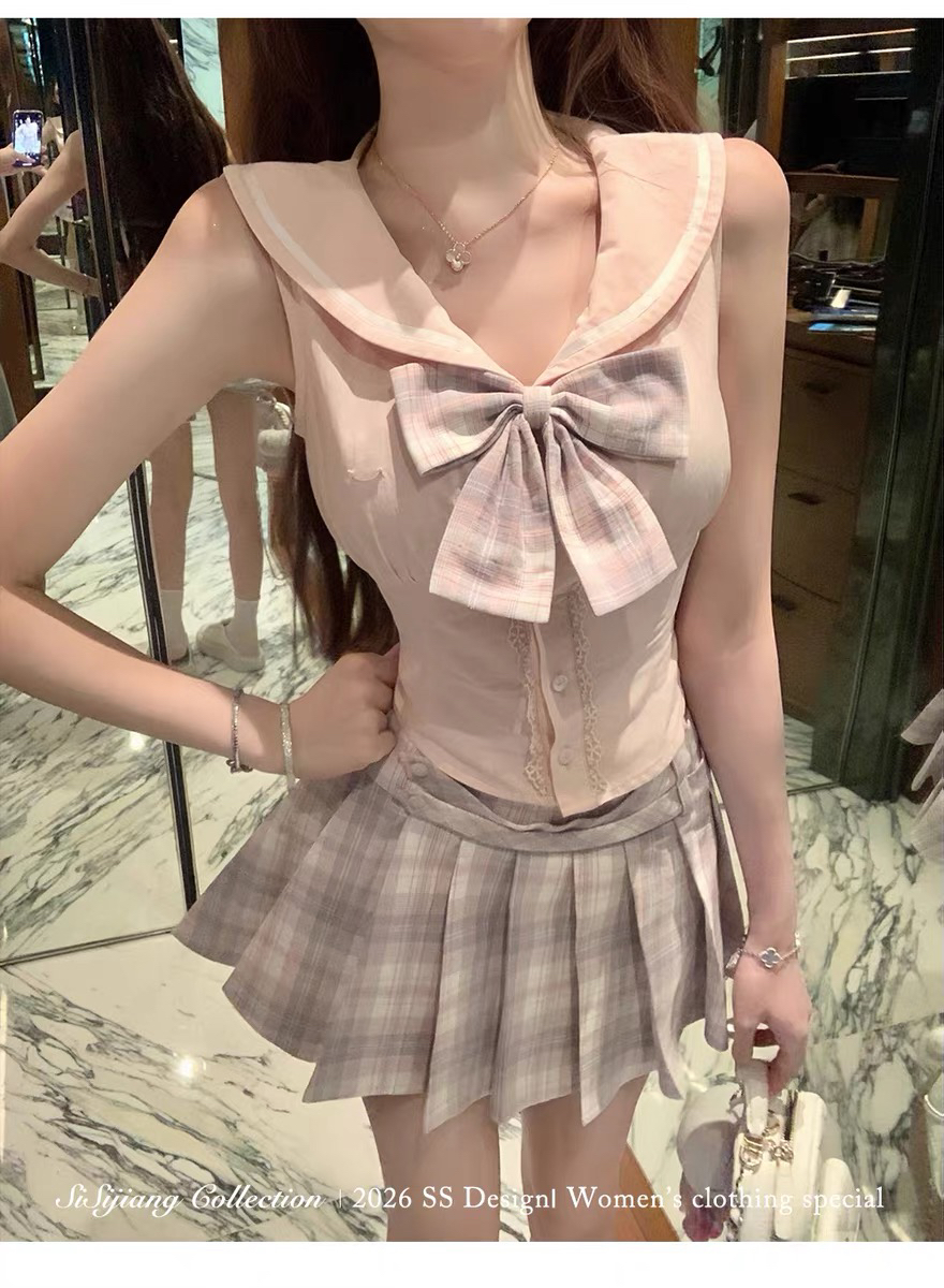 sisi jiang 분말 사쿠라 소녀 달콤함 순수한 욕망 일본식 해군 칼라 셔츠 하이웨이스트 슬림해 보이는 한 마디 플리츠 스커트
