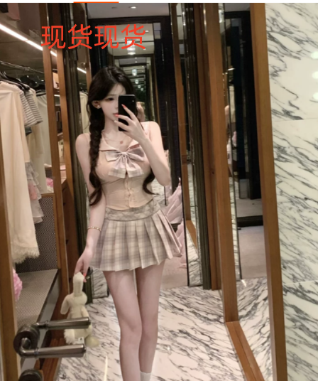 sisi jiang 분말 사쿠라 소녀 달콤함 순수한 욕망 일본식 해군 칼라 셔츠 하이웨이스트 슬림해 보이는 한 마디 플리츠 스커트