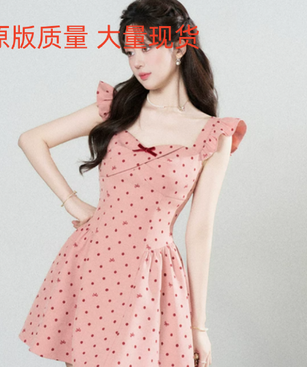 palglg 장미 핑크색 Feifei 소매 도트 무늬 여성 드레스 여름 고급 센스 프랑스식 광장 칼라 허리 수축 연령 감소 미니 스커트