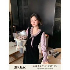 批发鹿阿姨卓叔叔鸢尾花蝶法式假两件丝绒<b class='q'>连衣裙</b>女冬内搭<b class='q'>礼服</b>裙子