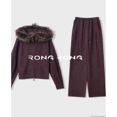 批发【暖絮烟紫】RONGRONG 羊毛混纺貉子毛领连帽保暖套装2518K709