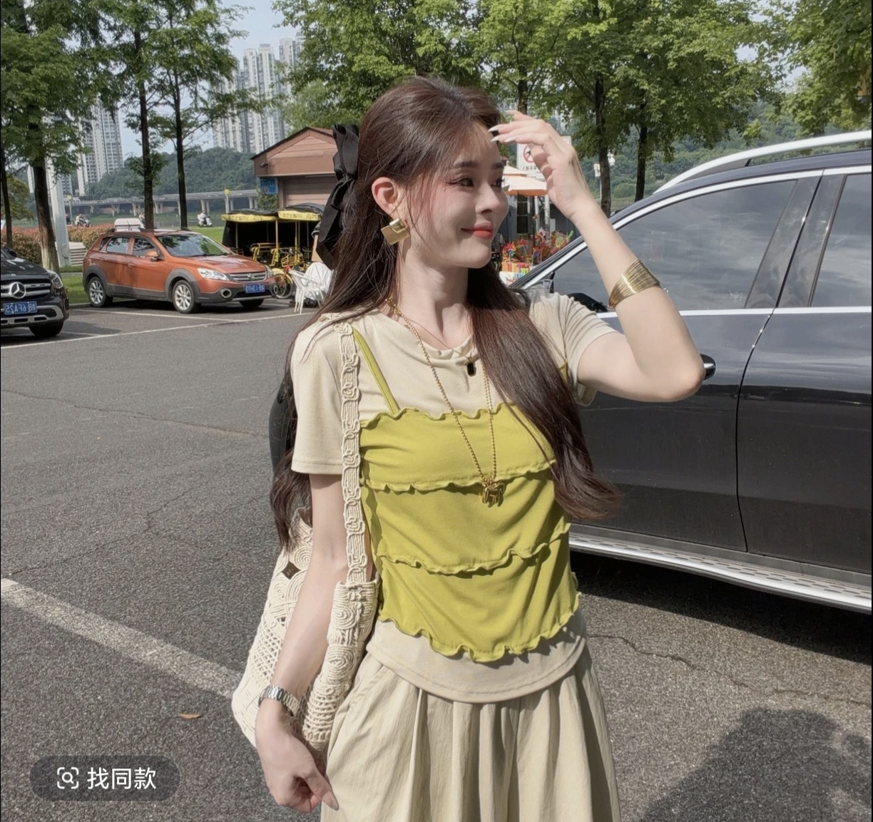여름 새로운 패치워크 물결무늬 측면 몸매 가꾸기 긍정적 인 어깨 반팔 페이크 레이어드 티셔츠 5518