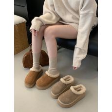 批发厚底包头半拖鞋女外穿2025新款真皮加绒勃肯鞋保暖雪地靴毛毛拖鞋