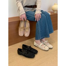 仙女蕾丝镂空玛丽珍鞋平底方头蝴蝶结浅口单鞋芭蕾舞鞋系带奶奶鞋