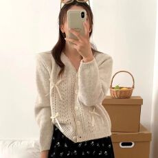 批发<b class='q'>秋季</b>独特别致甜辣妹花边上衣设计感蝴蝶结软糯毛衣针织打底<b class='q'>开衫</b>女