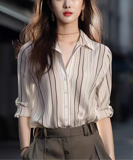2026 봄 가을 고유 한 아름다운 프랑스식 품격 빛 요리 한 쉬폰 톱 고급 센스 바다 악마의 바람 출퇴근 스트라이프 셔츠