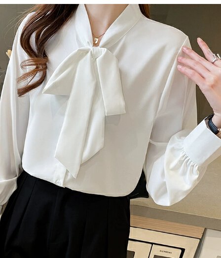 화이트 여성 셔츠 직업 산업 가져 가라. 작은 대중 리본 셔츠 맨위 면접 프랑스식 나비 매듭 디자인 센스 쉬폰 블라우스