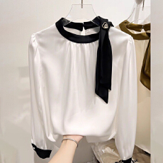 批发法式温柔领口<b class='q'>蝴蝶结</b><b class='q'>衬衫</b>女装2026春秋新款拼色飘带设计感缎面上衣